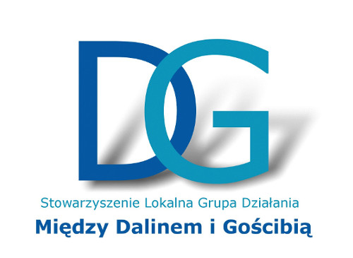 Logo LGD Między Dalinem a Gościbią - przenikające się niebieskie litery DG rzucające cień oraz niebieski napis z nazwą LGD