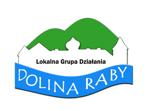 Logo LGD Dolina Raby - obryz zabudowań miejskich, w tle zielone pagórki napis na niebieskiej pofalowanej wstędze Dolina Raby