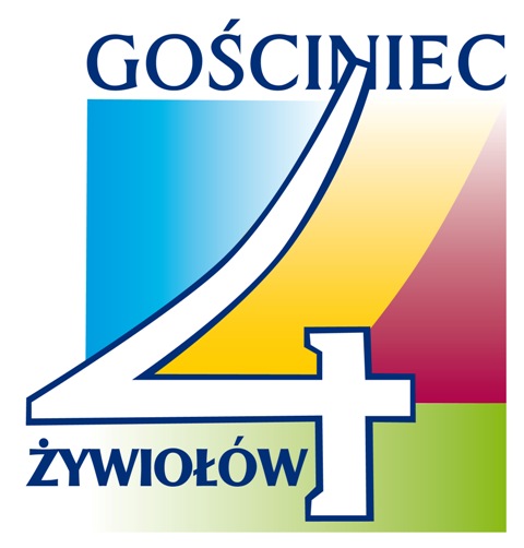 Logo LGD Gościniec 4 Żywiołów - duża cyfra 4 na tle składającym się z 4 kolorowych wielokątów - niebieskiego, żółtego, czerwonego i zielonego