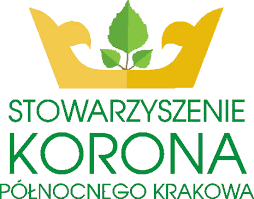 Logo Stowarzyszenie Korona Północnego Krakowa żółta korona z zielonym liściem w środku poniżej zielony napisa z nazwą stowarzyszenia