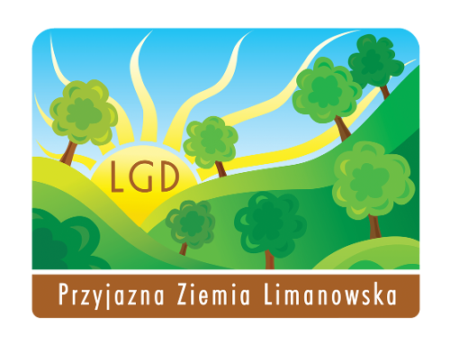 Logo LGD Przyjazana Ziemia limanowska - kreskówkowy widok - niebo słońce i zielone łąki z drzewami, litery LGD na tle słońca, Przyjazna Ziemia Limanowska - biały napis na brązowym tle